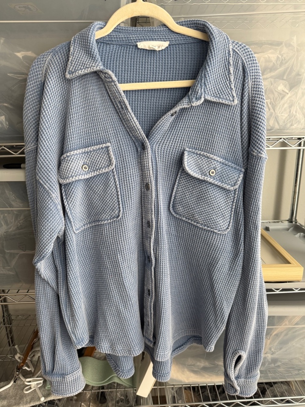 Light Blue Waffle Knit Button-Up Shirt